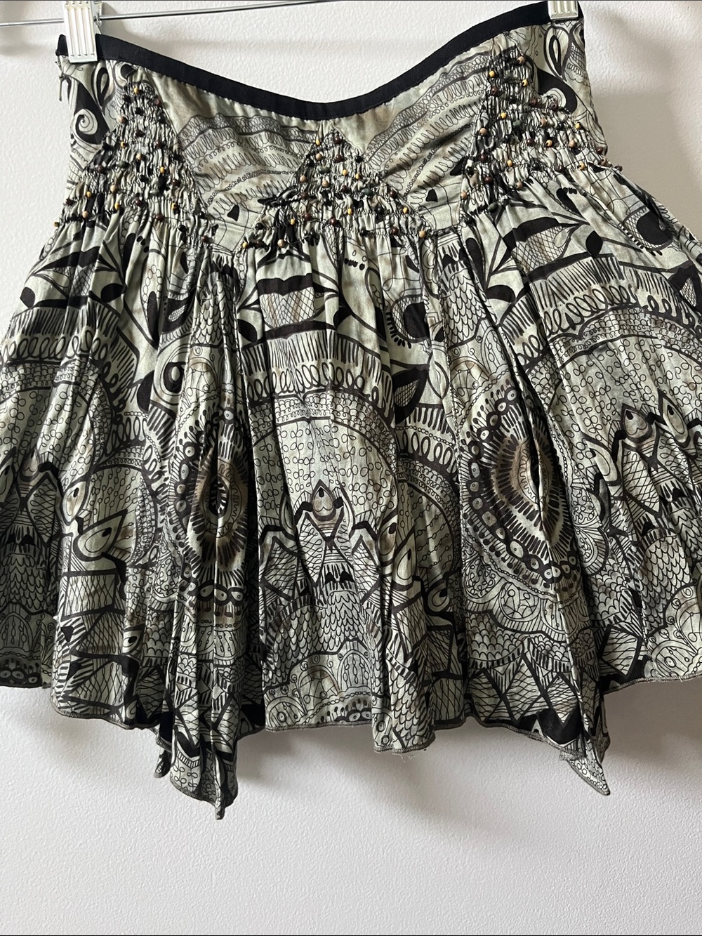 Free people vintage beaded boho printed mini skirt fairy jagged hem green black - Picture 4 of 9